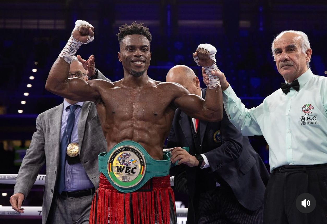 Boxers Samuel Nmomah in action during a middleweight bout
