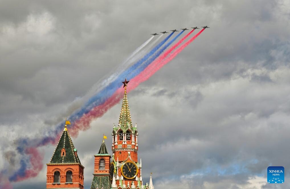 Aircraft flying in formation over Red Square during Victory Day parade rehearsal, Moscow 2025
