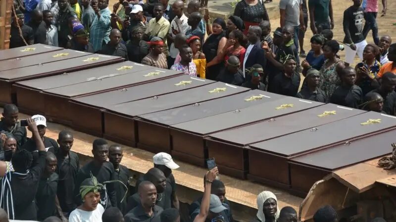 Mourners attend a mass burial for Christians killed by Fulani herdsmen in Benue State, Nigeria, on June 1, 2025