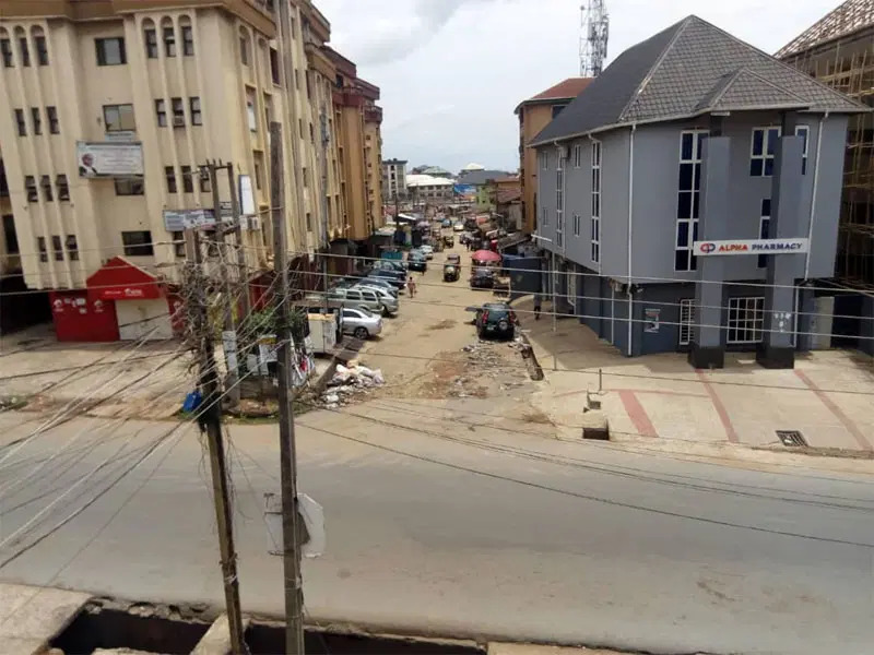 A deserted street in Onitsha, Anambra State, during a sit-at-home order enforcement